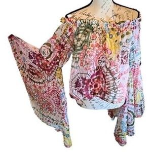 Womens Hippie Boho Sheer Floral Off Shoulder Top Large Flare Sleeve 70s Festival